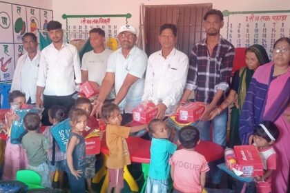 Distribution of clothes and bags among children in Anganwadi centers of Basaria