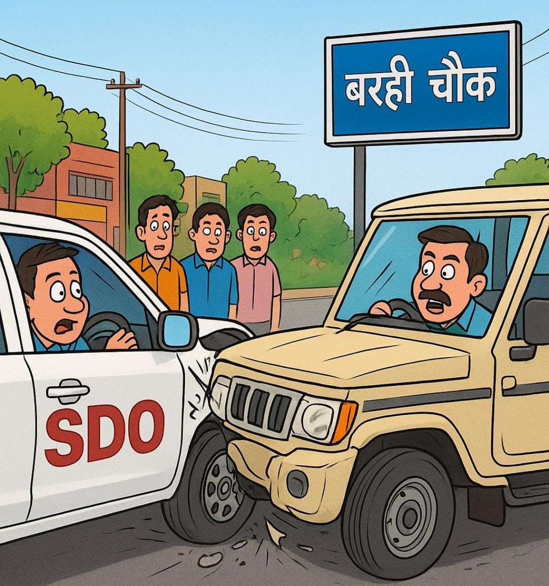 A Bolero collided with the SDOs vehicle at Barhi Chowk the officer narrowly escaped and an FIR was registered in the matter